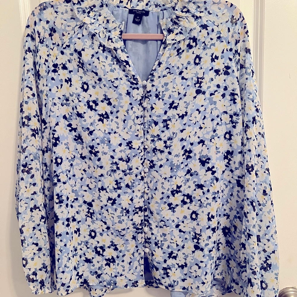 Ann Taylor Cream Ruffled Long Sleeve Blouse